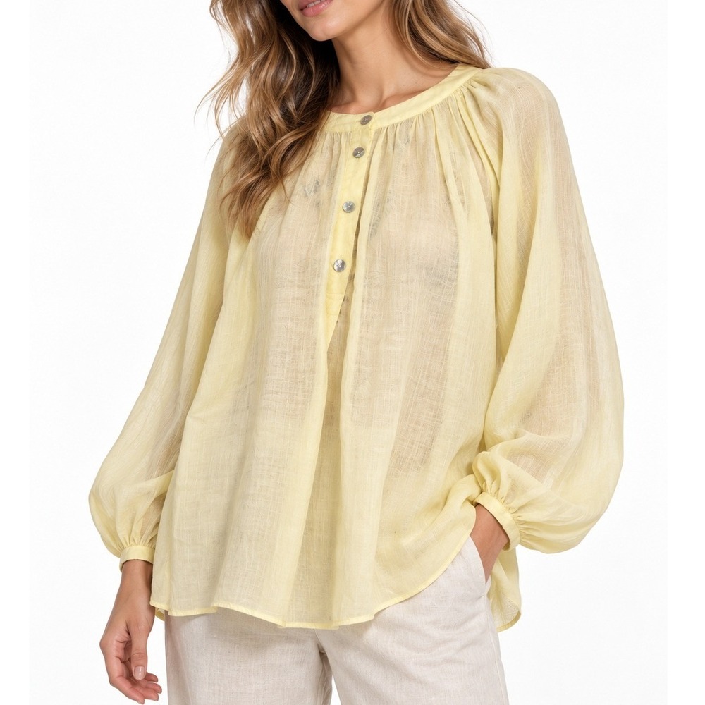 Women's Yellow 100% Ramie Blouse Size L NWT Balloon Sleeve Oversized Flowy